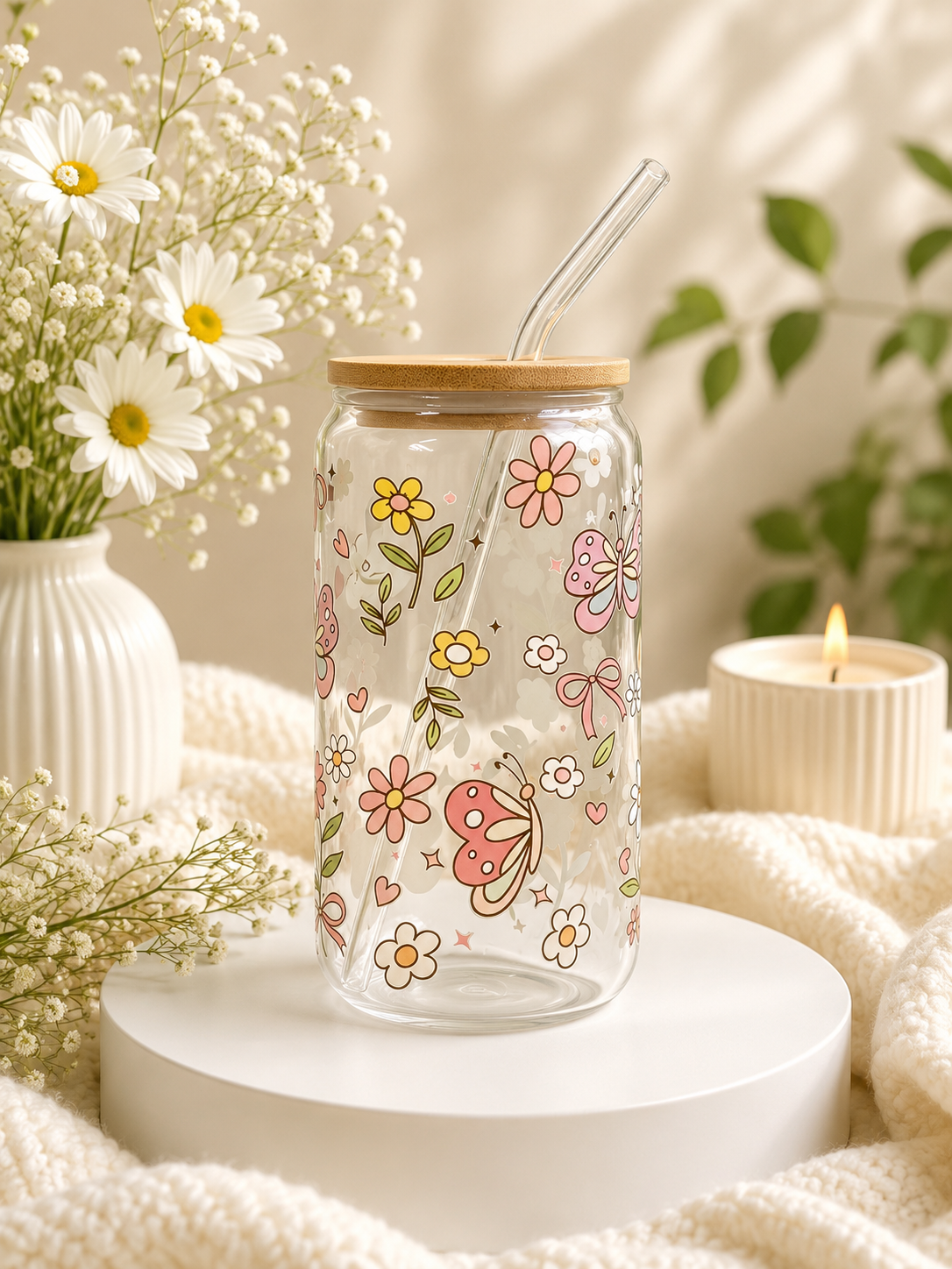 Pink Butterfly Garden 16oz Glass Can Cup