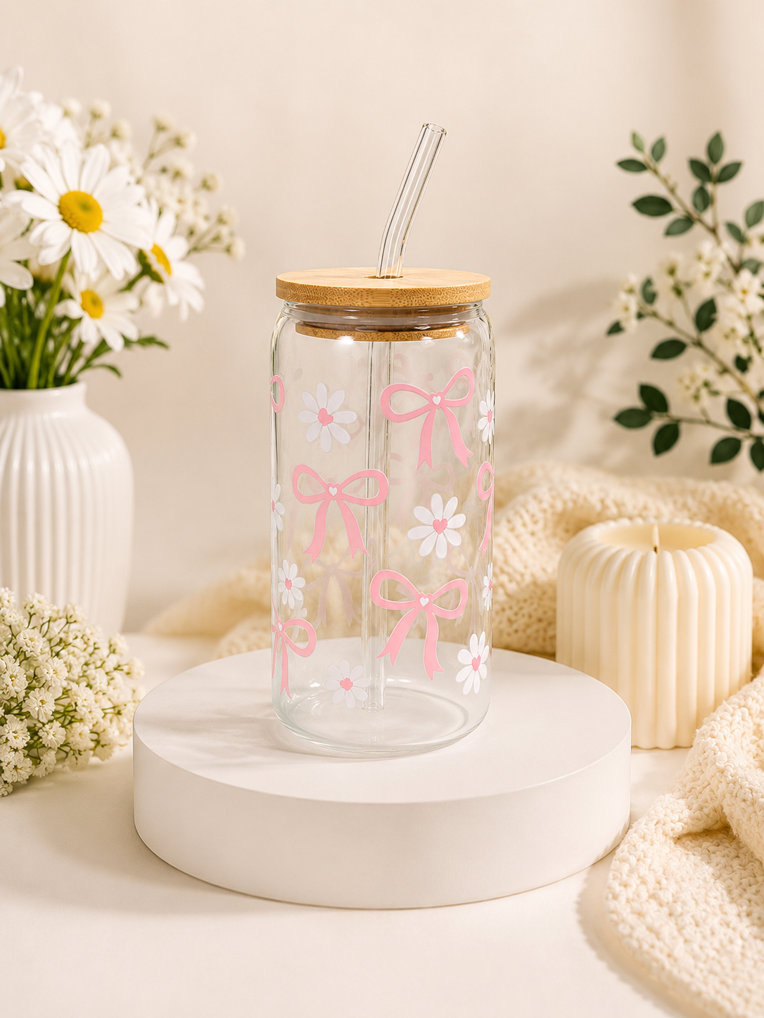 Pink Bows & Daisies 16oz Glass Can cup