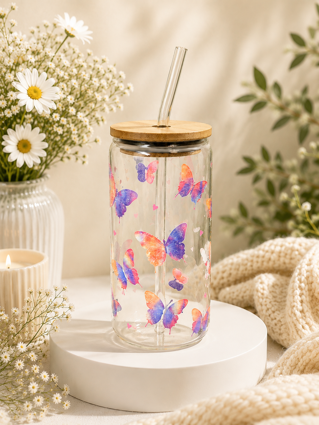 Pastel Butterfly 16oz Glass Can cup