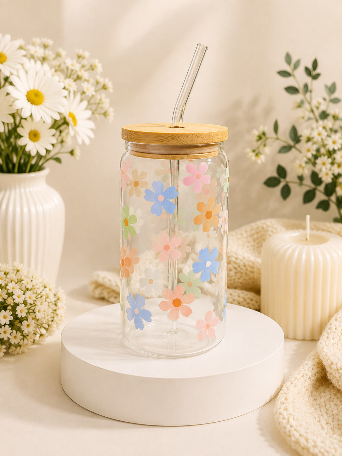 Pastel daisies 16oz glass can cup