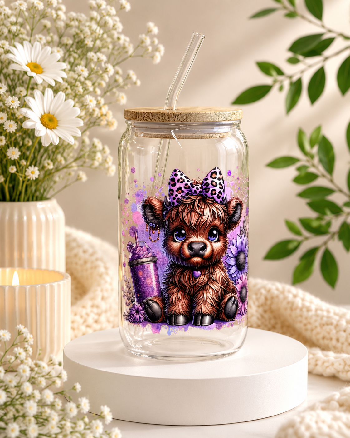 Purple highland cow, 16oz Libby glass can