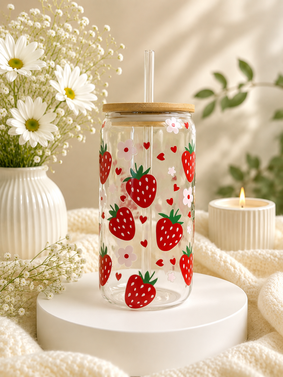 Sweet Strawberry16oz Glass Can Cup
