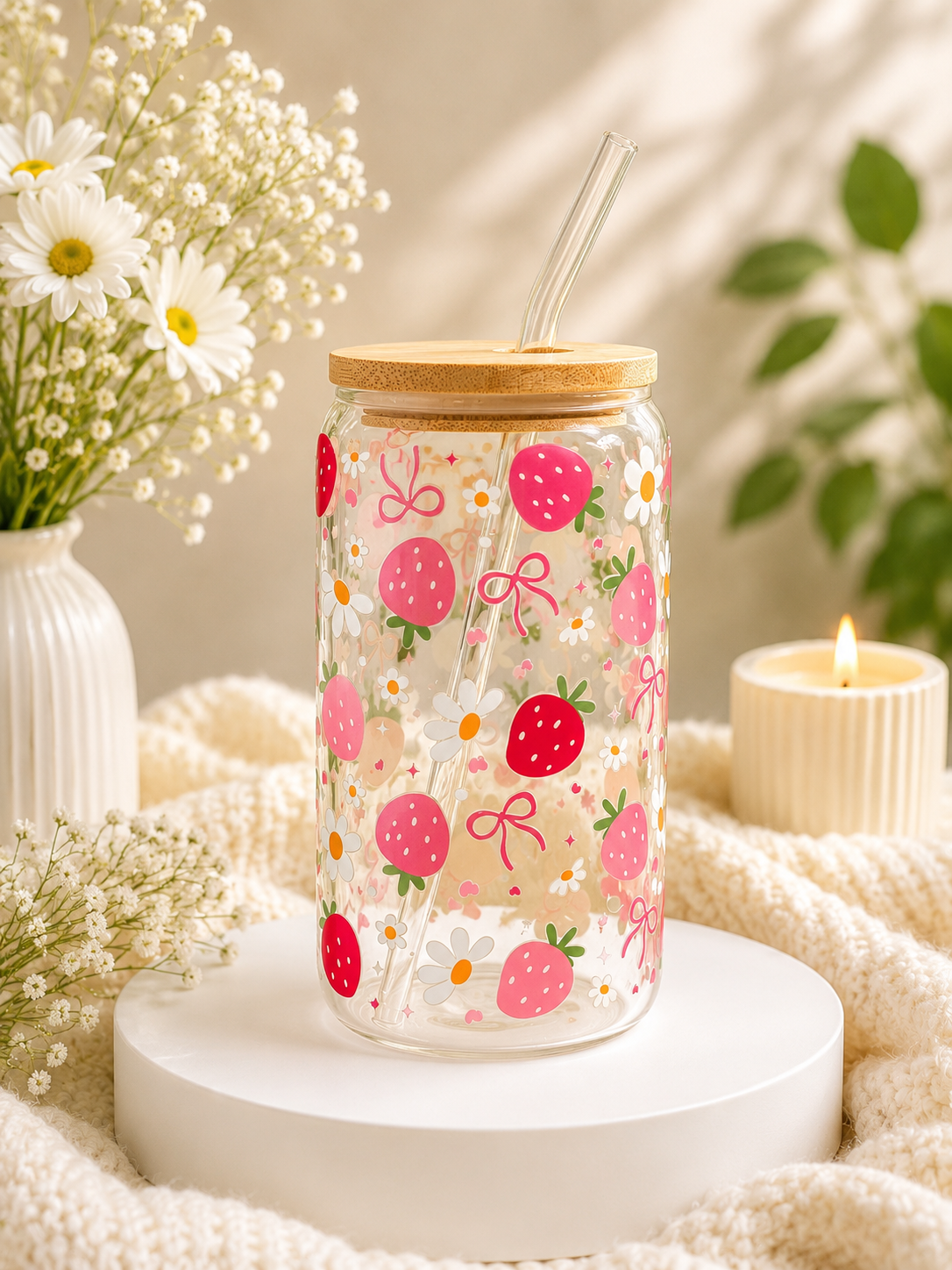 Ditsy strawberry 16oz glass can cup